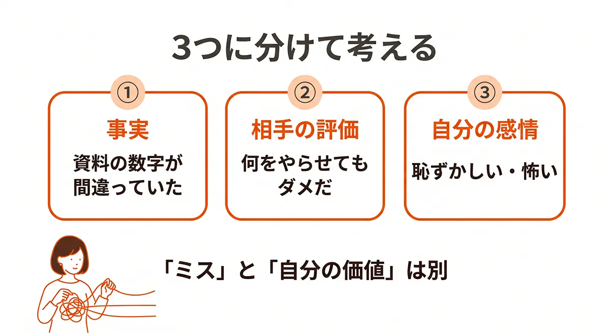 事実・相手の評価・自分の感情を3つに分ける思考整理の図解