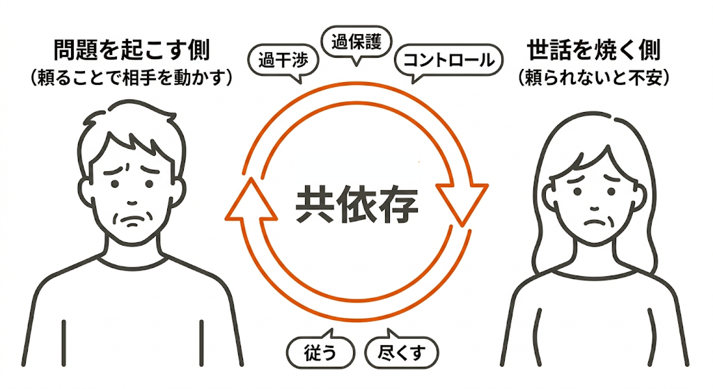頼られないと不安な人と、頼ることで相手を動かす人が矢印で結ばれ、輪から抜けられない共依存の構造を表した概念図