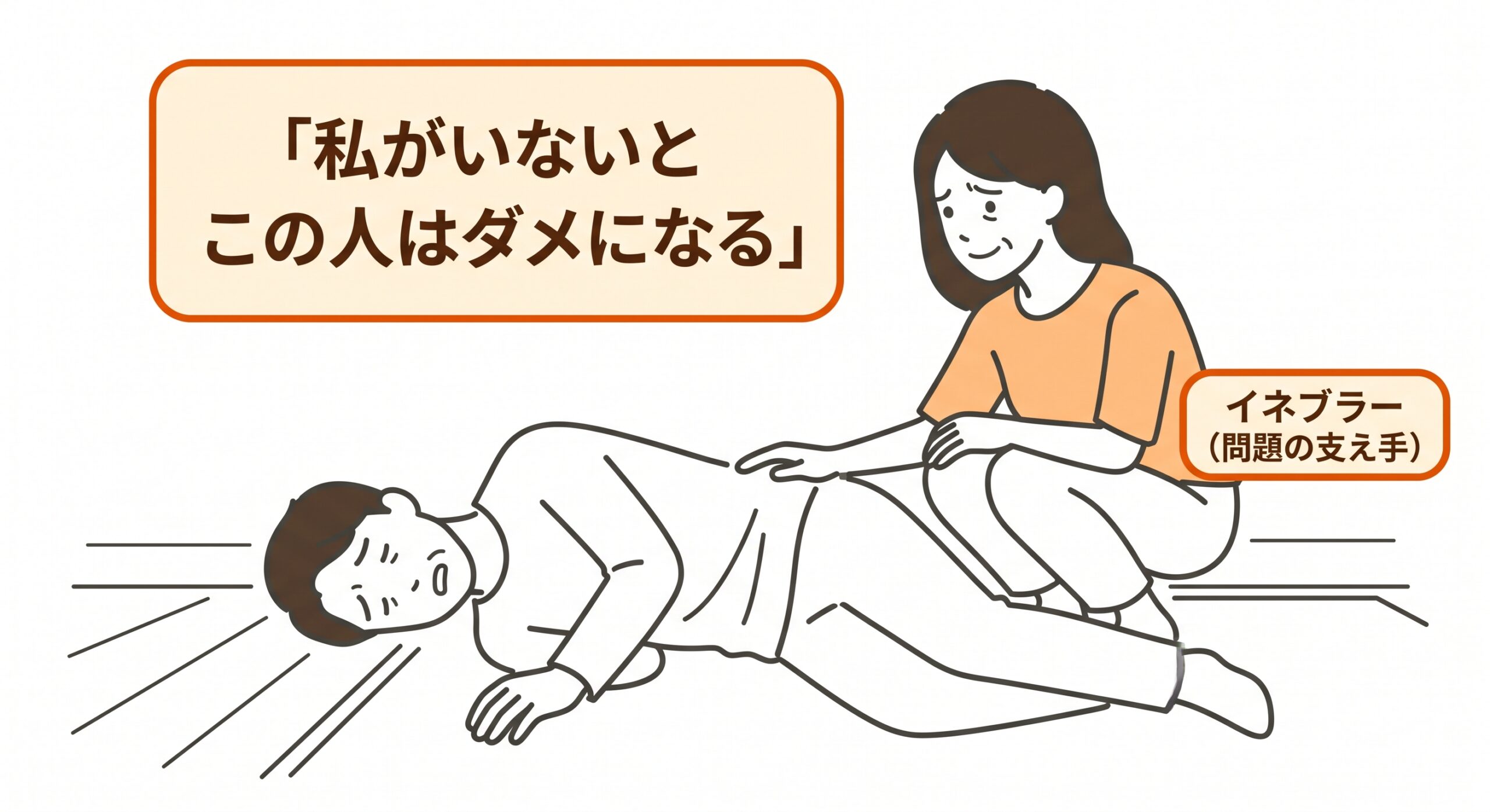 床に倒れた夫を世話する妻と、心の中で「私がいないとこの人はダメになる」とつぶやくイラスト
