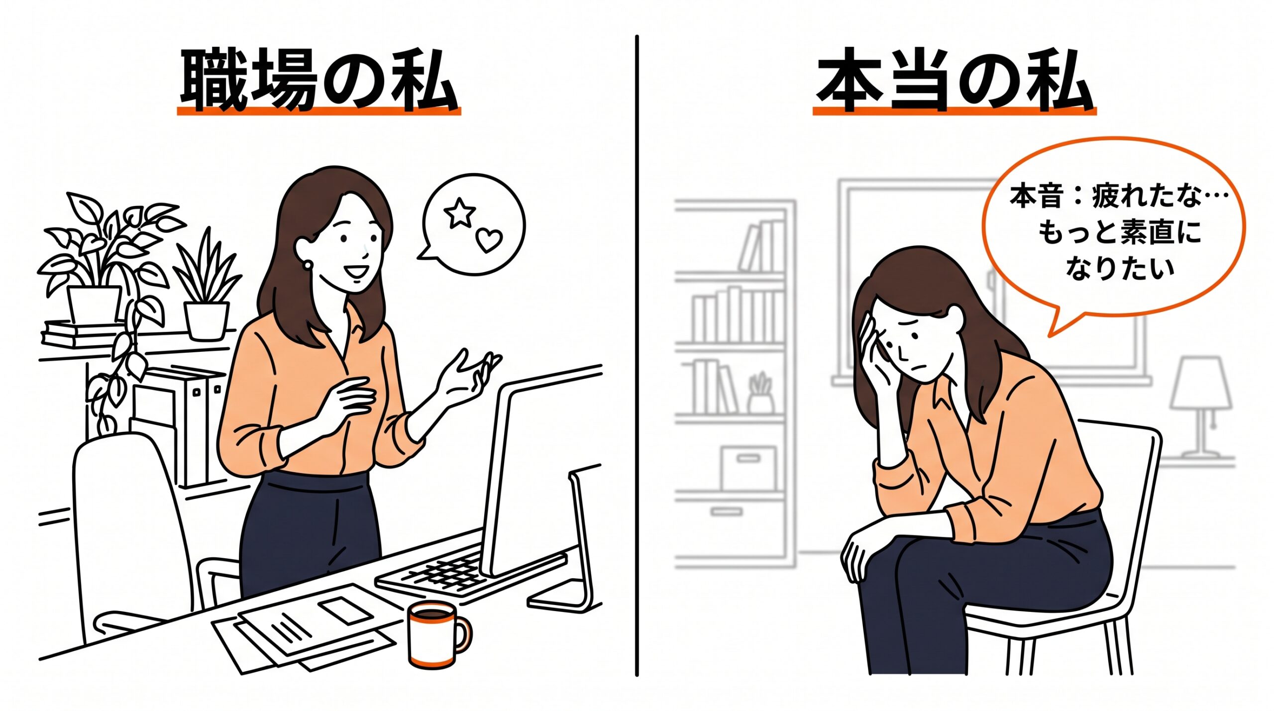 職場で笑顔のAさんと、心の中で本当はつらいとつぶやくAさんの対比イラスト