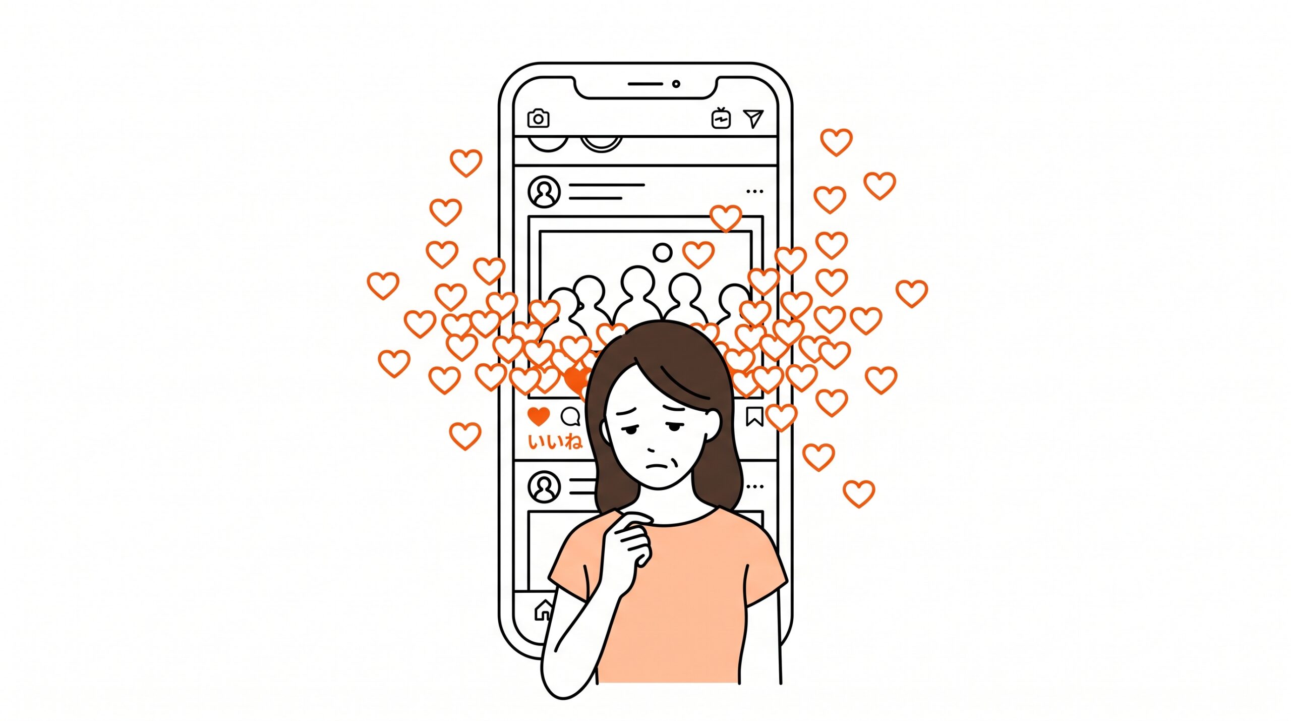 スマホ画面の「乗り越えた私」の投稿と大量のいいね、その裏で疲れた表情の人物を描いたイラスト